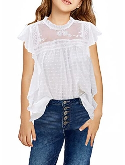 Girls Short Sleeve Chiffon Blouses Casual Round Neck Tee Shirts Loose Tops