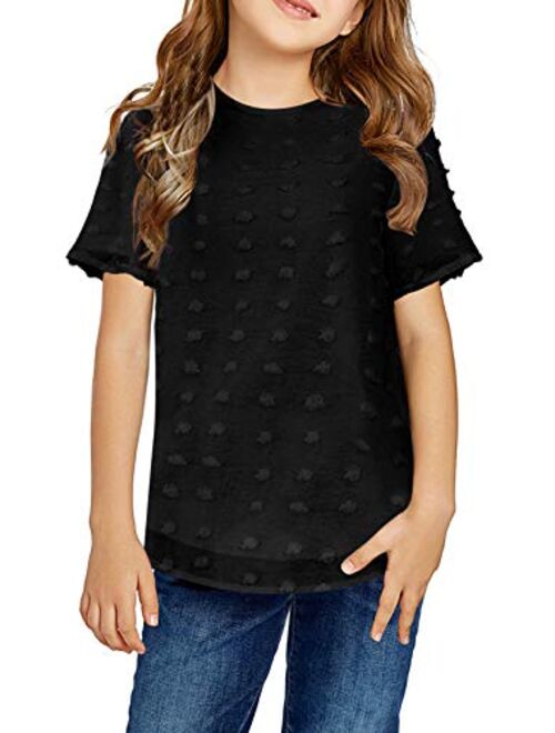 Dokotoo Girls Short Sleeve Chiffon Blouses Casual Round Neck Tee Shirts Loose Tops