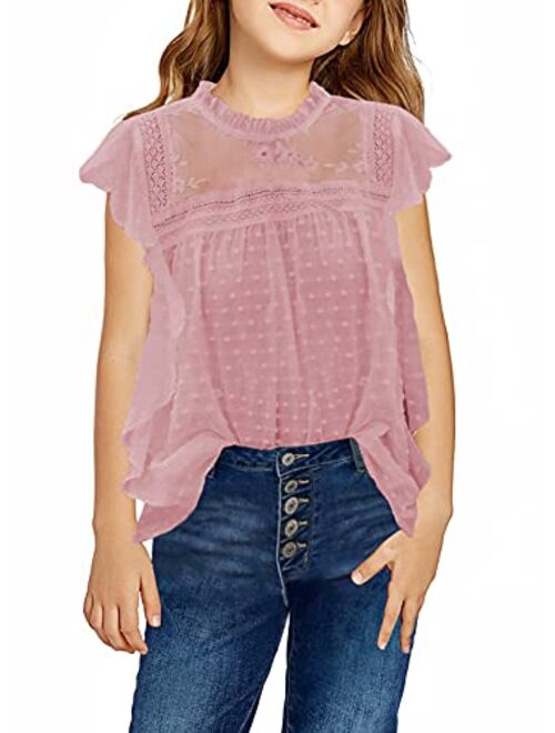 Dokotoo Girls Short Sleeve Chiffon Blouses Casual Round Neck Tee Shirts Loose Tops