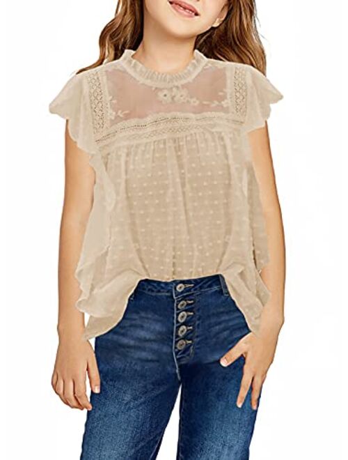 Dokotoo Girls Short Sleeve Chiffon Blouses Casual Round Neck Tee Shirts Loose Tops