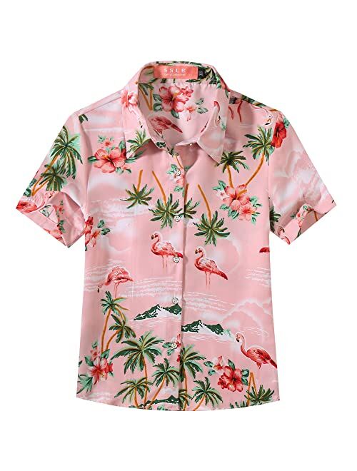 SSLR Youth Big Girls Hawaiian Shirt Casual Short Sleeve Button Down Shirt