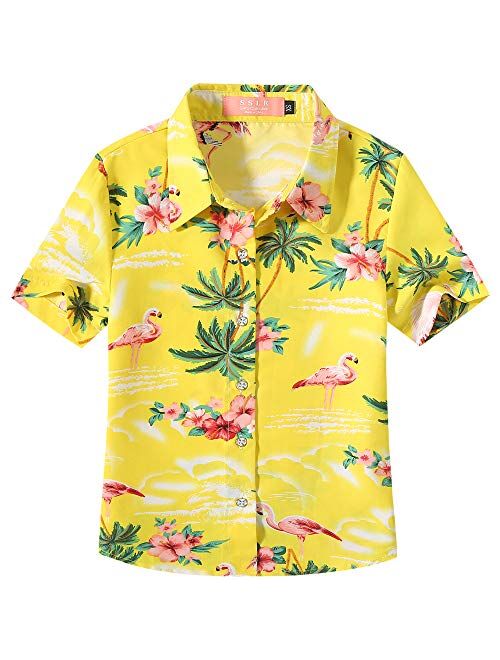 SSLR Youth Big Girls Hawaiian Shirt Casual Short Sleeve Button Down Shirt