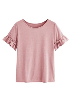 Vermisse Girls Summer Cute T Shirt Short Ruffles Sleeve Basic Soft Casual Plain Tunic Tops Tees