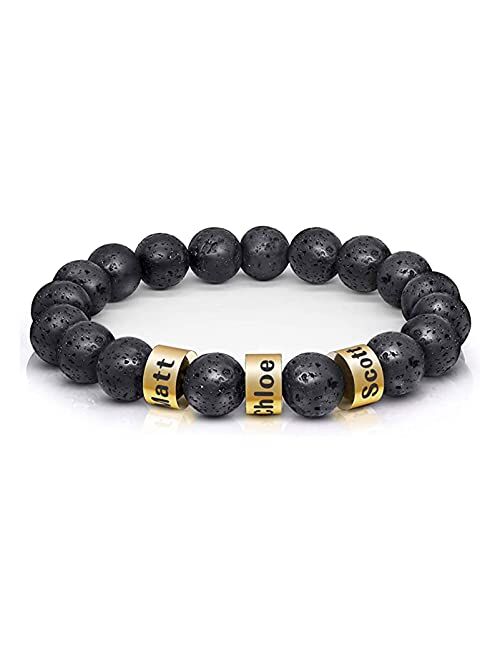 Bauma Auto Personalized Stone Beads Bracelets with 1-5 Names Tiger Eye Stone Bracelet Stone Beads Bracelets for Men Husband Grandpa Father's Day Christmas