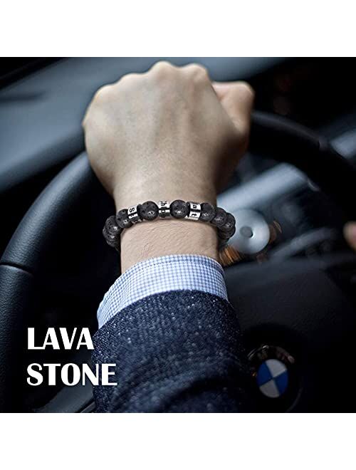 Bauma Auto Personalized Stone Beads Bracelets with 1-5 Names Tiger Eye Stone Bracelet Stone Beads Bracelets for Men Husband Grandpa Father's Day Christmas