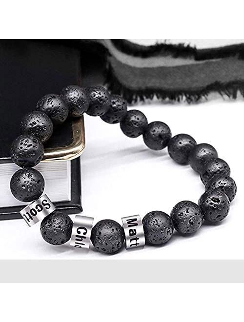 Bauma Auto Personalized Stone Beads Bracelets with 1-5 Names Tiger Eye Stone Bracelet Stone Beads Bracelets for Men Husband Grandpa Father's Day Christmas