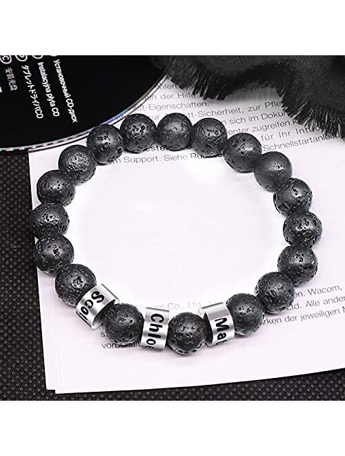 Bauma Auto Personalized Stone Beads Bracelets with 1-5 Names Tiger Eye Stone Bracelet Stone Beads Bracelets for Men Husband Grandpa Father's Day Christmas