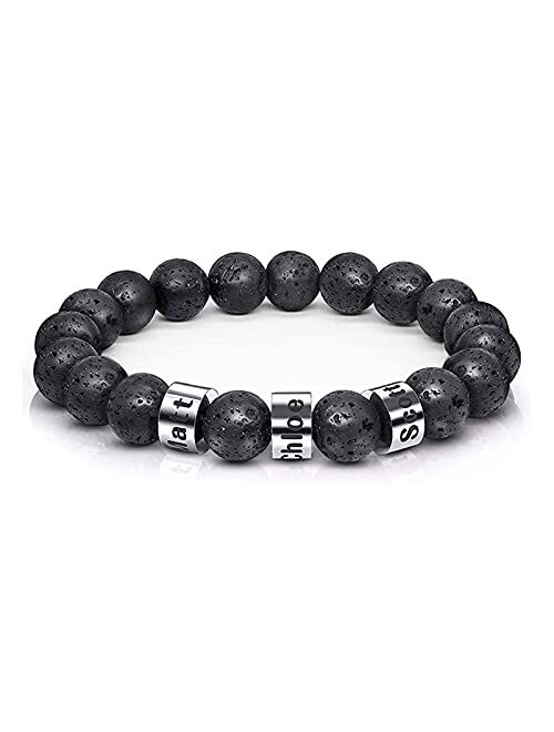 Bauma Auto Personalized Stone Beads Bracelets with 1-5 Names Tiger Eye Stone Bracelet Stone Beads Bracelets for Men Husband Grandpa Father's Day Christmas