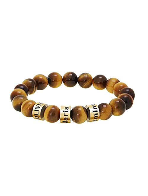 Bauma Auto Personalized Stone Beads Bracelets with 1-5 Names Tiger Eye Stone Bracelet Stone Beads Bracelets for Men Husband Grandpa Father's Day Christmas