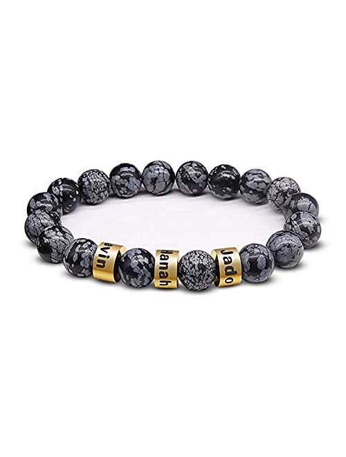 Bauma Auto Personalized Stone Beads Bracelets with 1-5 Names Tiger Eye Stone Bracelet Stone Beads Bracelets for Men Husband Grandpa Father's Day Christmas