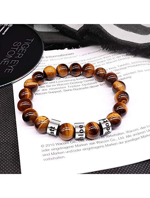 Orfan Personalized Stone Beads Bracelets for Men Lava Beads Bracelet Tiger Eye Beads Bracelet with Custom Name Engraved Bracelet for Fathers Day