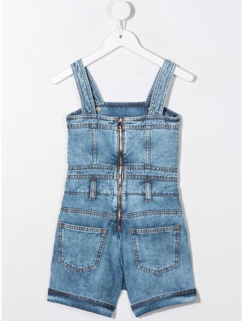 Balmain Kids embossed-button denim playsuit