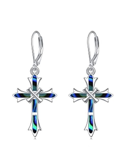 ONEFINITY Opal Cross Earrings Sterling Silver Cross Dangle Drop Earring Cross Leverback Earrings Cross Jewelry for Women Girls