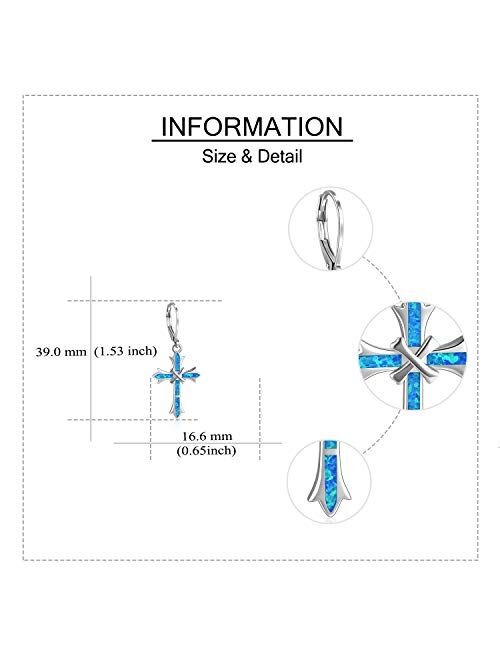 ONEFINITY Opal Cross Earrings Sterling Silver Cross Dangle Drop Earring Cross Leverback Earrings Cross Jewelry for Women Girls