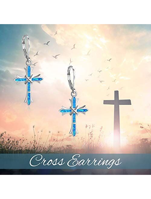 ONEFINITY Opal Cross Earrings Sterling Silver Cross Dangle Drop Earring Cross Leverback Earrings Cross Jewelry for Women Girls