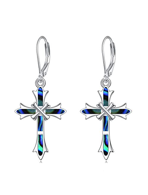 ONEFINITY Opal Cross Earrings Sterling Silver Cross Dangle Drop Earring Cross Leverback Earrings Cross Jewelry for Women Girls