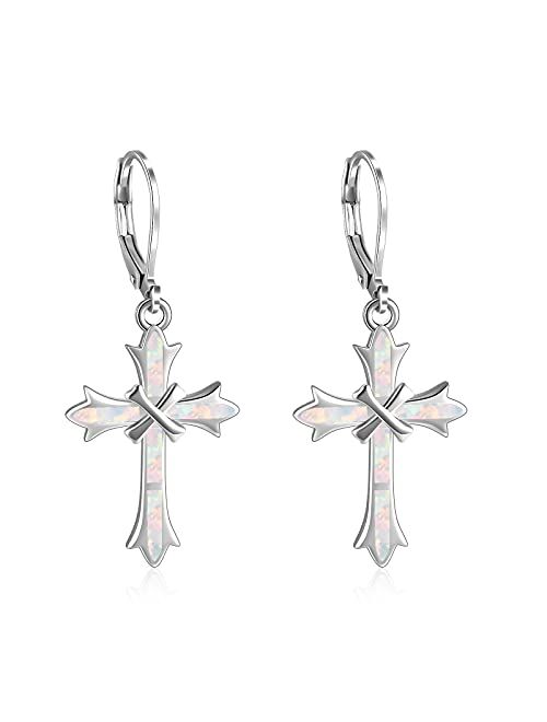 ONEFINITY Opal Cross Earrings Sterling Silver Cross Dangle Drop Earring Cross Leverback Earrings Cross Jewelry for Women Girls