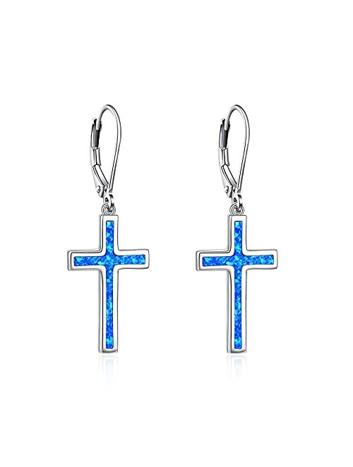 ONEFINITY Opal Cross Earrings Sterling Silver Cross Dangle Drop Earring Cross Leverback Earrings Cross Jewelry for Women Girls