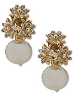 Gold-Tone Pave Flower & Imitation Pearl Button Clip-On Drop Earrings