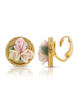 2028 Gold Tone 3 Flower Pink White Porcelain Flower Round Button Clip Earring