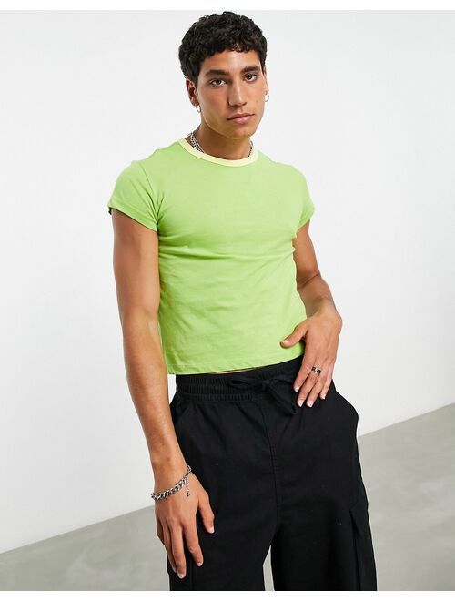 ASOS DESIGN muscle fit cropped T-shirt in green with yellow contrast ringer