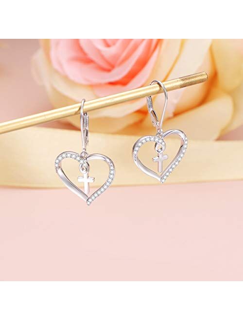 Alphm S925 Sterling Silver Heart Dangle Drop Leverback Clasp Lever back Earrings for Women