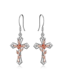 LUHE Cross Earrings Sterling Silver Rose Flower Cross Dangle Earrings Jewelry Gifts for women Teen Girls