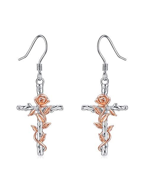 LUHE Cross Earrings Sterling Silver Rose Flower Cross Dangle Earrings Jewelry Gifts for women Teen Girls