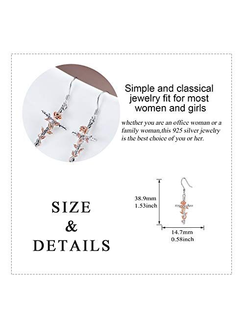 LUHE Cross Earrings Sterling Silver Rose Flower Cross Dangle Earrings Jewelry Gifts for women Teen Girls