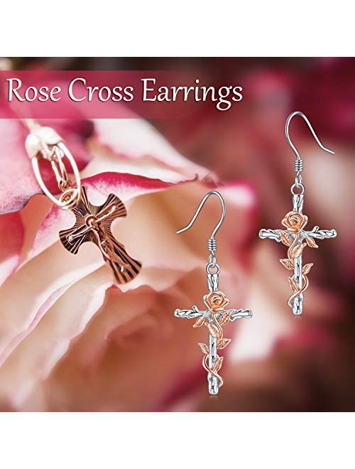 LUHE Cross Earrings Sterling Silver Rose Flower Cross Dangle Earrings Jewelry Gifts for women Teen Girls