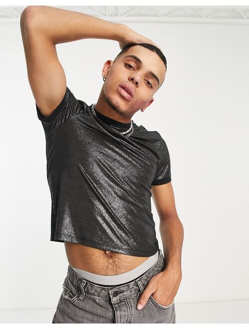 ASOS DESIGN cropped t-shirt in black metallic texture