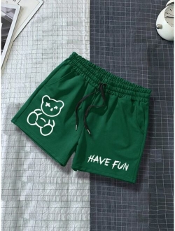 Men Letter Cartoon Graphic Drawstring Waist Shorts