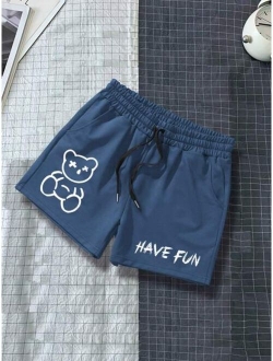 Men Letter Cartoon Graphic Drawstring Waist Shorts