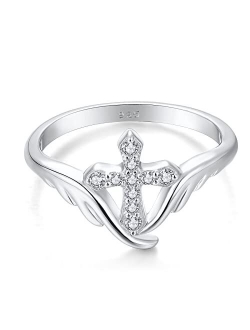 STARCHENIE Cross Ring 925 Sterling Silver Angel Wings Ring for Women Size 5-10