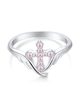 STARCHENIE Cross Ring 925 Sterling Silver Angel Wings Ring for Women Size 5-10