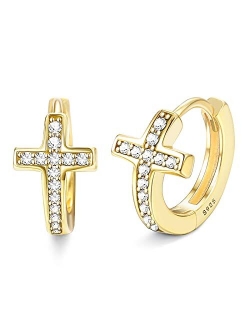 Milacolato 925 Sterling Silver Cross Hoop Earrings 18K Gold Plated Cross Hoop Earrings with Cubic Zirconia Dainty Small Cross Huggie Earrings for Women Men