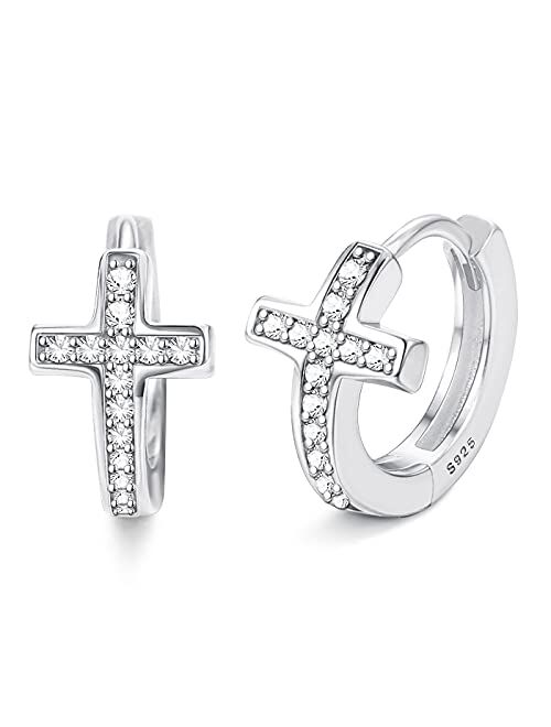 Milacolato 925 Sterling Silver Cross Hoop Earrings 18K Gold Plated Cross Hoop Earrings with Cubic Zirconia Dainty Small Cross Huggie Earrings for Women Men