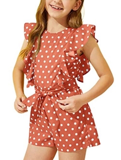 DOBULO Girl's Casual Ruffle Sleeveless Summer Rompers Wide Leg Swiss Dots Short Jumpsuits with Belt