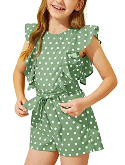 DOBULO Girl's Casual Ruffle Sleeveless Summer Rompers Wide Leg Swiss Dots Short Jumpsuits with Belt