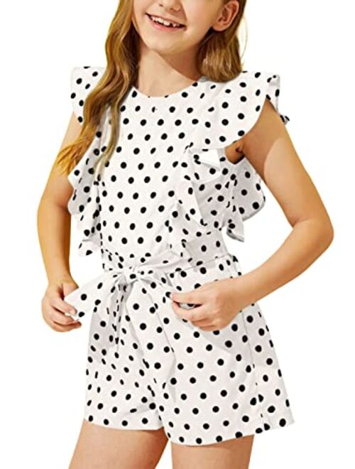 DOBULO Girl's Casual Ruffle Sleeveless Summer Rompers Wide Leg Swiss Dots Short Jumpsuits with Belt