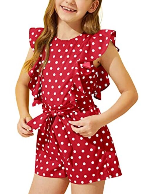 DOBULO Girl's Casual Ruffle Sleeveless Summer Rompers Wide Leg Swiss Dots Short Jumpsuits with Belt