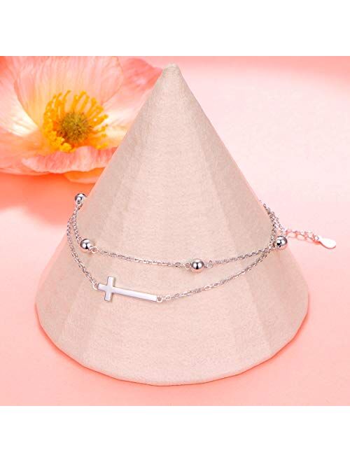 Flyow Anklet for Women S925 Sterling Silver Adjustable Foot Beaded Cross/Crescent Moon And Star/Butterfly Ankle Bracelet Anklets Jewelry