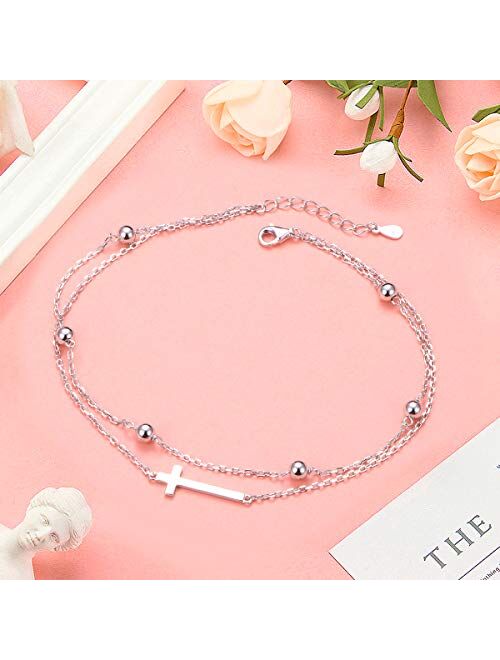 Flyow Anklet for Women S925 Sterling Silver Adjustable Foot Beaded Cross/Crescent Moon And Star/Butterfly Ankle Bracelet Anklets Jewelry