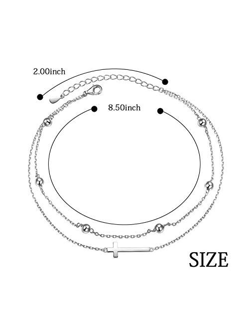Flyow Anklet for Women S925 Sterling Silver Adjustable Foot Beaded Cross/Crescent Moon And Star/Butterfly Ankle Bracelet Anklets Jewelry