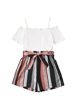 Girl's Striped Print Cold Shoulder Short Sleeve Belted Shorts Romper Jumpsuit