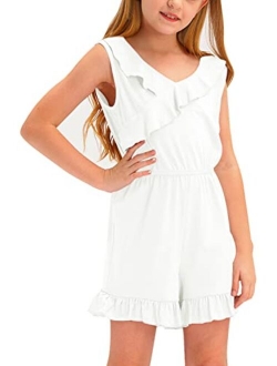 BesserBay Big Girls Summer Sleeveless Romper Ruffle Trim Casual Jumpsuit 4-14 Years