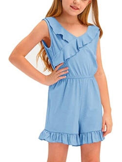 BesserBay Big Girls Summer Sleeveless Romper Ruffle Trim Casual Jumpsuit 4-14 Years