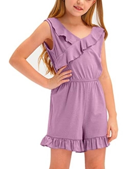 BesserBay Big Girls Summer Sleeveless Romper Ruffle Trim Casual Jumpsuit 4-14 Years