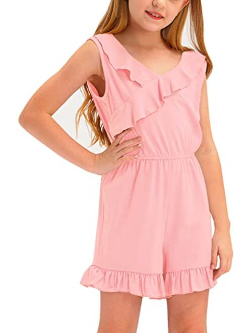 BesserBay Big Girls Summer Sleeveless Romper Ruffle Trim Casual Jumpsuit 4-14 Years