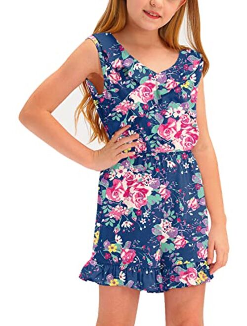 BesserBay Big Girls Summer Sleeveless Romper Ruffle Trim Casual Jumpsuit 4-14 Years